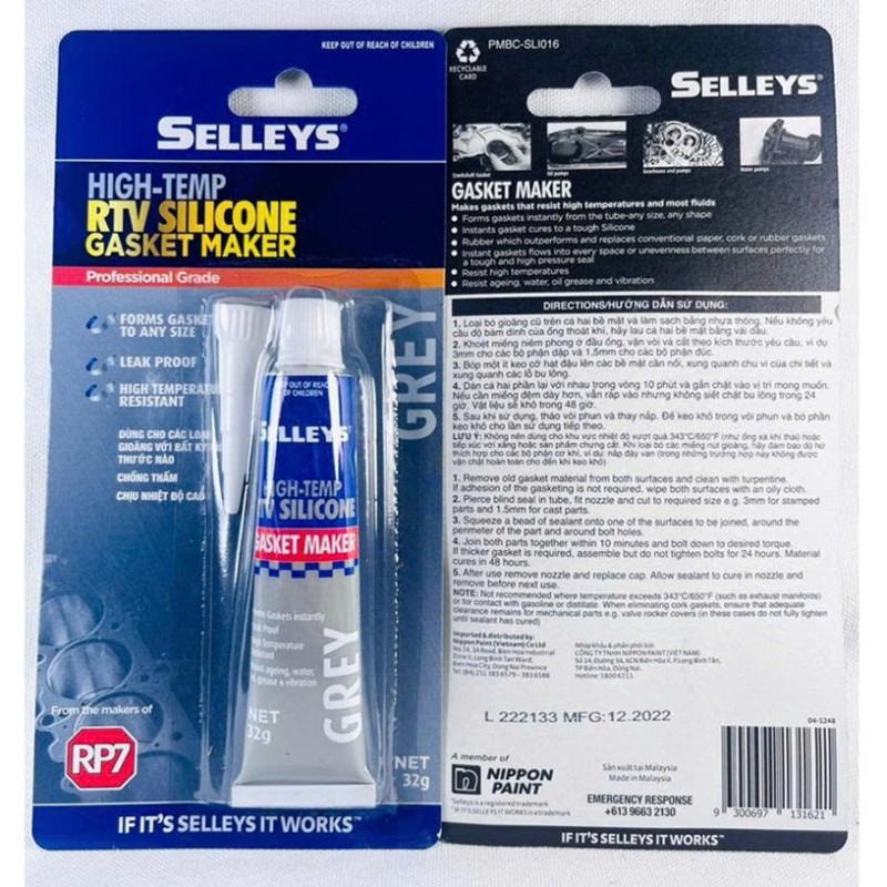 Keo Silicone Tạo Gioăng Chịu Nhiệt Selleys RTV Xám 32g (Thùng 12 Hộp, 12 Tuýp/Hộp)